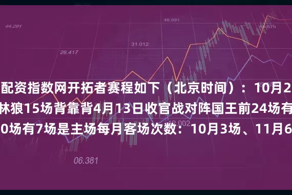 配资指数网开拓者赛程如下（北京时间）：　　10月23日揭幕战对阵森林狼　　15场背靠背　　4月13日收官战对阵国王　　前24场有15场是客场　　最后10场有7场是主场　　每月客场次数：10月3场、11月6场、12月6场、1月8场、2月7场、3月7场、4月3场　　全美直播：8场